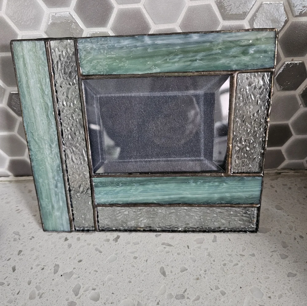 Vintage J. Devlin Stained Glass Jade Green and Silver Tone Metal Photo Frame